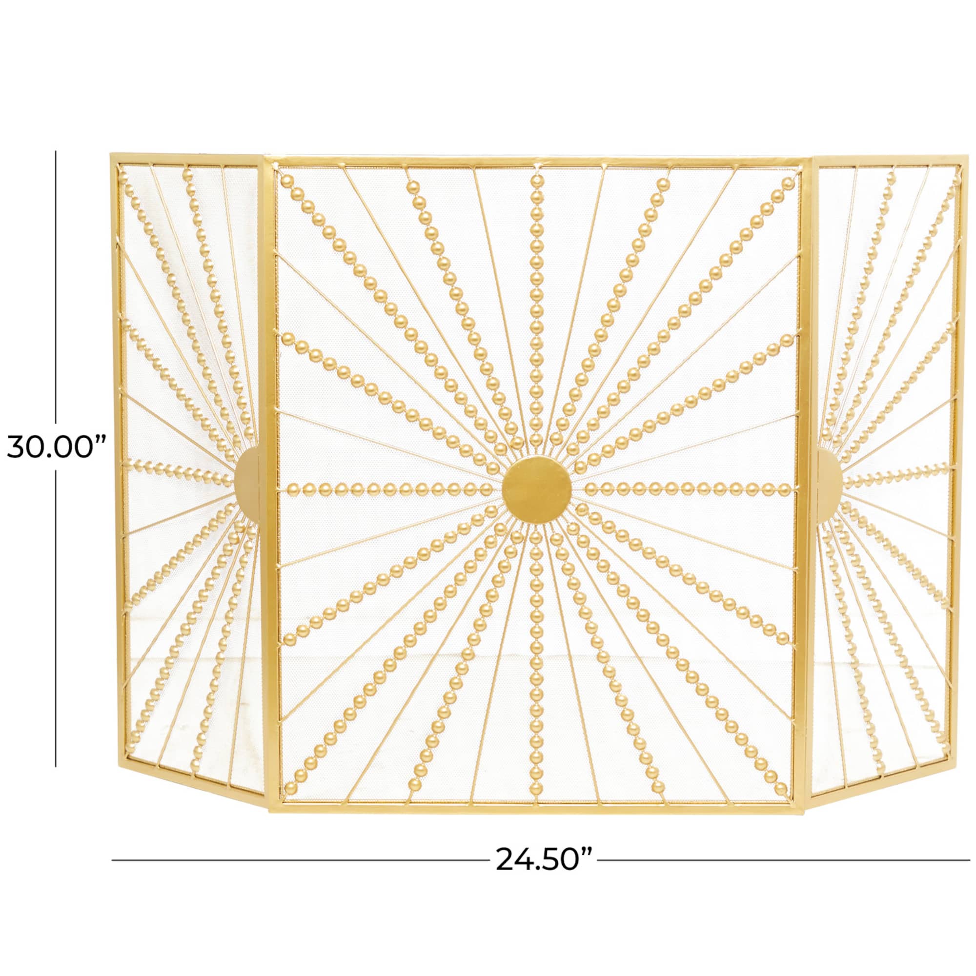 Gold Metal Foldable 3-Panel Starburst Fireplace Screen with Bead Inspired Rays